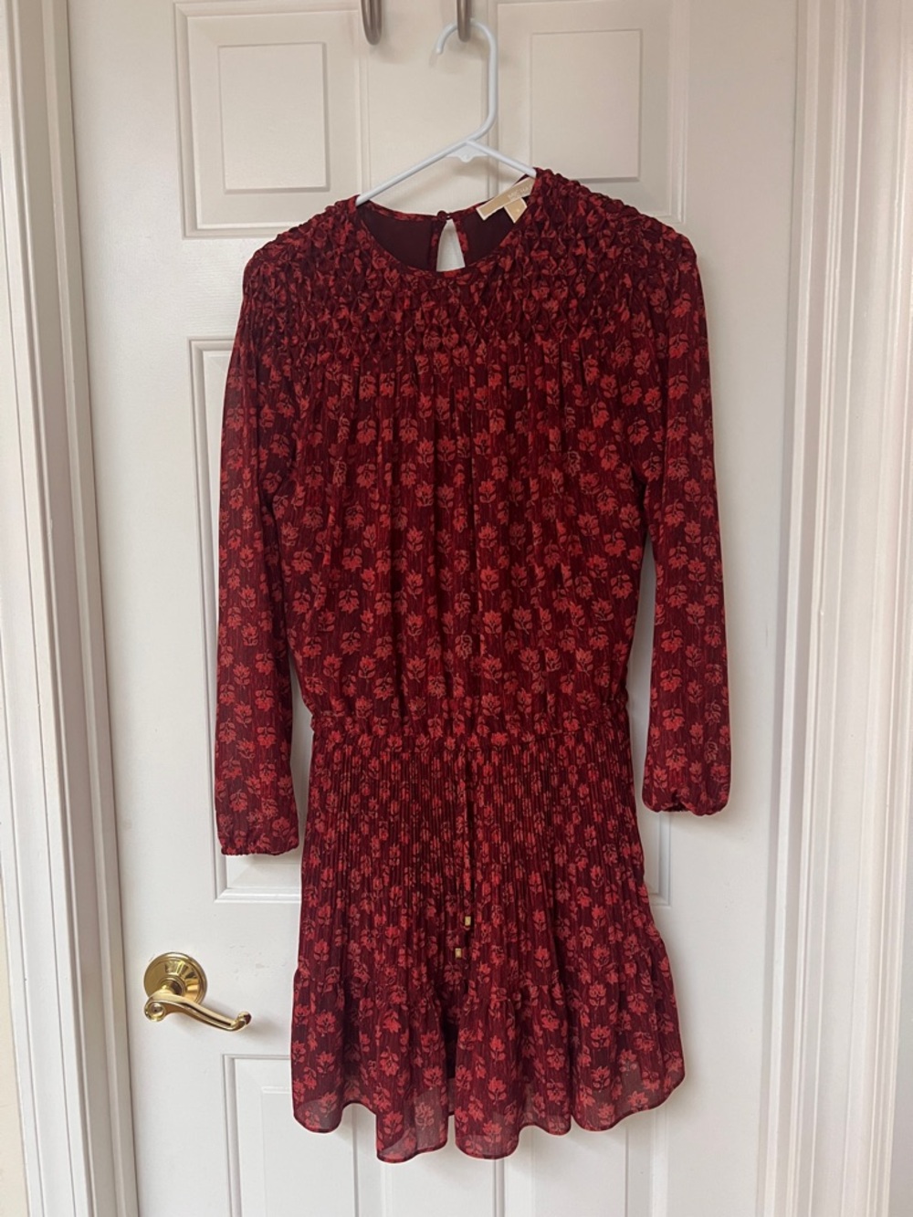 Michael Kors Red Floral Long-Sleeve Waist Dress